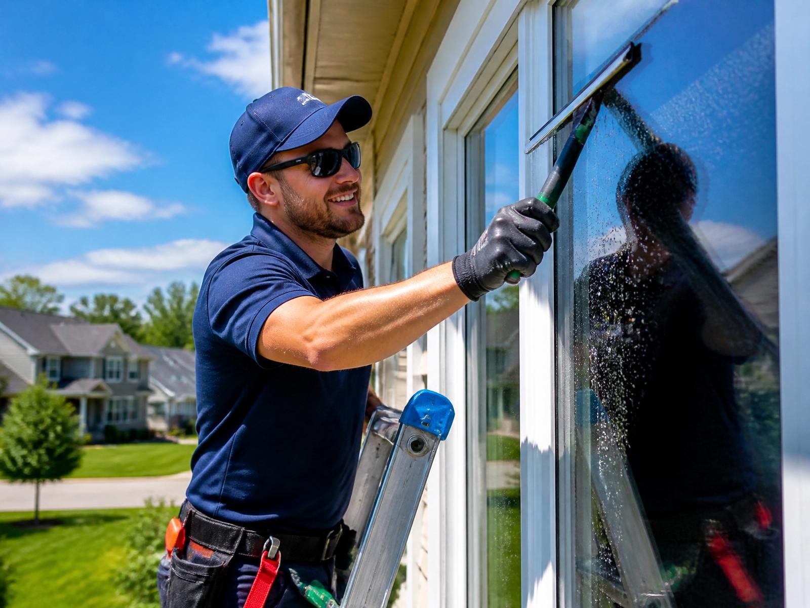Clear Curb technician on a ladder cleaning a residential window with a squeegee